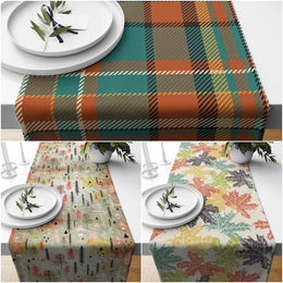 Fall Trend Table Runner|Dry Leaves Table Runner|Autumn Home Decor|Farmhouse Style Table Top|Housewarming Checkered Fall Themed Tablecloth