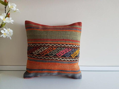 Vintage Kilim Pillow Cover|Striped Turkish Kilim Pillow Cover|Traditional Antique Throw Pillow|Boho Bedding Decor|Handwoven Rug Pillow 16x16