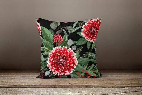 Christmas Pillow Covers|Xmas Home Decor|Winter Pillow Case|Floral Red Berries and Flowers Pillow Cover|Housewarming Red Green Home Decor