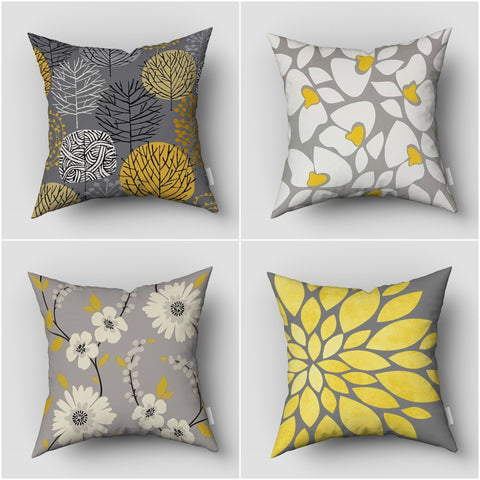 Yellow White Gray Floral Pillow Case|Summer Trend Cushion Case|Decorative Throw Pillow Top|Boho Bedding Decor|Farmhouse Pillow with Flowers
