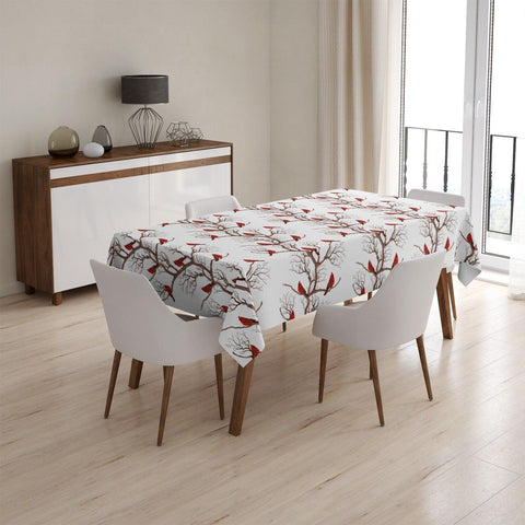 Winter Trend Tablecloth|Red Berries and Bird Print Tabletop|Cardinal Bird on Tree Branch Kitchen Decor|Housewarming Farmhouse Xmas Tabletop