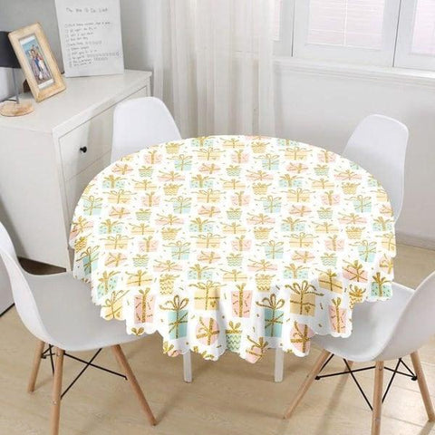 Winter Trend Tablecloth|Round Gift Box and Bell Print Table Linen|Housewarming Xmas Kitchen Decor|Decorative Circle Christmas Tablecloth