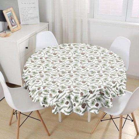 Winter Trend Tablecloth|Round Cardinal Bird Table Linen|Housewarming Pine Cone Print Kitchen Decor|Circle Checkered Leaves Print Tablecloth