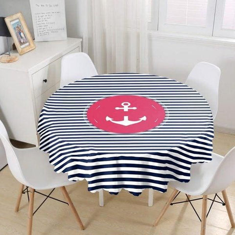 Nautical Tablecloth|Navy Anchor Print Round Table Linen|Coastal Kitchen Decor|Striped and Zigzag Tablecloth|Circle Beach House Table Cover
