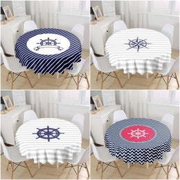 Nautical Tablecloth|Navy Wheel Print Round Table Linen|Coastal Kitchen Decor|Navy Compass Tablecloth|Circle Striped Beach House Table Cover