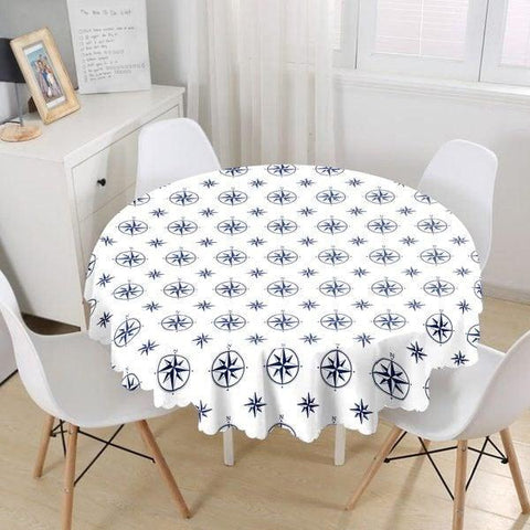 Nautical Tablecloth|Navy Anchor Print Round Table Linen|Coastal Kitchen Decor|Navy Compass Tablecloth|Circle Striped Beach House Table Cover