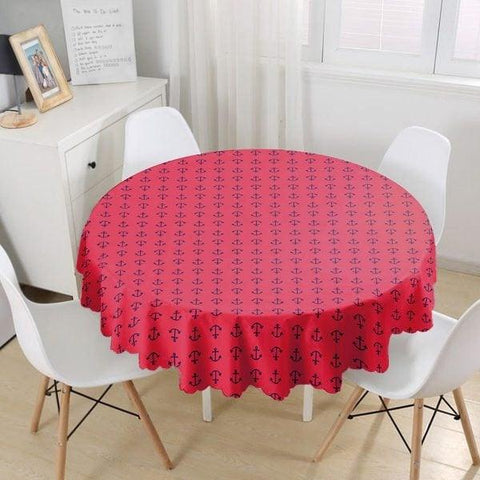 Nautical Tablecloth|Navy Anchor Print Round Table Linen|Coastal Kitchen Decor|Life Saver Tablecloth|Circle Striped Beach House Table Cover