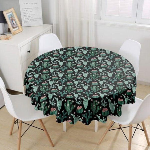 Cactus Tablecloth|Round Succulent Table Linen|Farmhouse Kitchen Decor|Decorative Cactus Table Top|Circle Green Black White Cactus Table