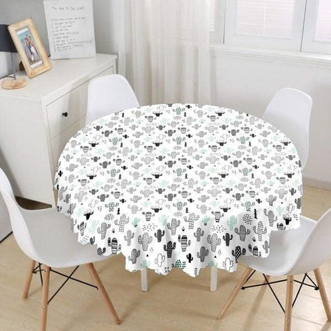 Cactus Tablecloth|Circle Green Black White Cactus Table Top|Decorative Round  Blue Gray Succulent Table Linen|Farmhouse Style Kitchen Decor