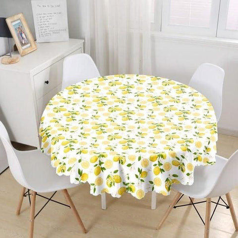 Lemon Tablecloth|Round Floral Lemon Table Linen|Farmhouse Kitchen Decor|Fresh Citrus Table Top|Circle Yellow Lemon with Green Leaves Table