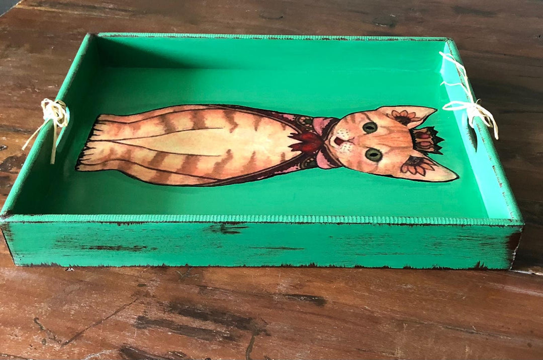 Hand Painted Cat Wooden Tray|Wooden Coffee Table Decor|Acrylic Paint Serving Tray|Housewarming Gift for Women|Cute Cat Wooden Art|Cat Love