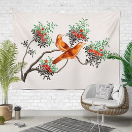 Birds on the Branch Wall Tapestry|Floral Wall Hanging Art Decor|Housewarming Birds, Flowers Fabric Wall Art|Floral Bird Print Wall Tapestry