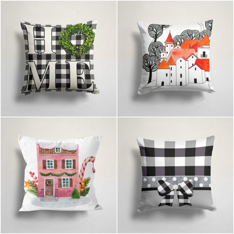 Home Themed Pillow Cover|Houses Print Cushion Case|Decorative Throw Pillow|Housewarming Farmhouse Style Cushion|Checkered Home Print Pillow