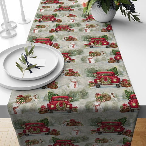 Winter Trend Table Runner|Snow, Red Truck, House and Pine Tree Table Decor|Snowman, Deer and Horse Print Table Runner|Christmas Home Decor