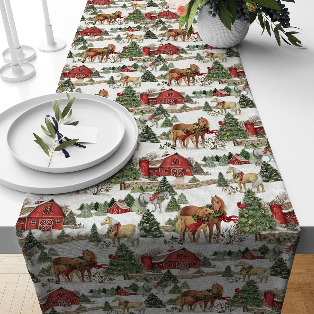 Winter Trend Table Runner|Snow, Red Truck, House and Pine Tree Table Decor|Snowman, Deer and Horse Print Table Runner|Christmas Home Decor
