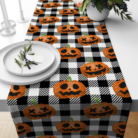 Halloween Table Runner|Scary Pumpkin Themed Table Top|Witch Hat, Pumpkin and Leaves Table Runner|Striped Checkered Fall Trend Table Linen