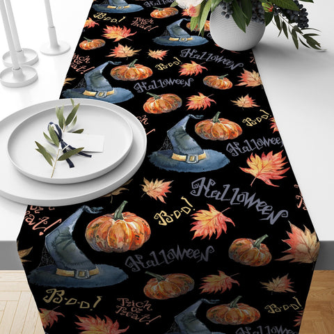 Halloween Table Runner|Scary Pumpkin Themed Table Top|Witch Hat, Pumpkin and Leaves Table Runner|Striped Checkered Fall Trend Table Linen