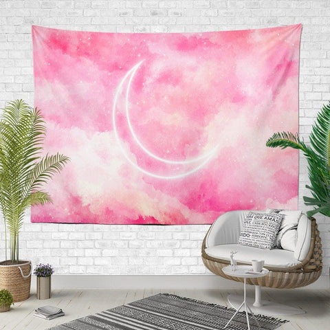 Moon and Sky Wall Tapestry|Girl on The Tree Swing Wall Hanging Art Decor|The Phases of The Moon Fabric Wall Art|Lake View and Moon Tapestry