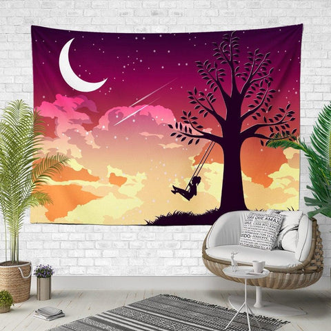 Moon and Sky Wall Tapestry|Girl on The Tree Swing Wall Hanging Art Decor|The Phases of The Moon Fabric Wall Art|Lake View and Moon Tapestry