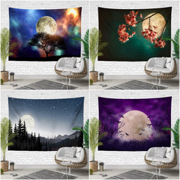 Floral Full Moon Wall Tapestry|Sky View Wall Hanging Art Decor|Housewarming Moon, Tree and Bat Print Fabric Wall Art|Moon Print Tapestry
