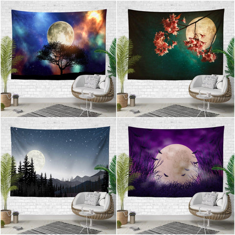 Floral Full Moon Wall Tapestry|Sky View Wall Hanging Art Decor|Housewarming Moon, Tree and Bat Print Fabric Wall Art|Moon Print Tapestry