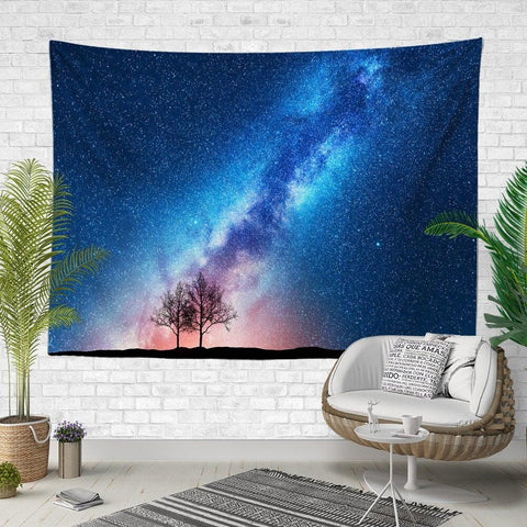 Sky View Wall Tapestry|Falling Stars Wall Hanging Art Decor|Blue, Green and Orange Celestial Fabric Wall Art|Sky and Jumping Men Wall Art