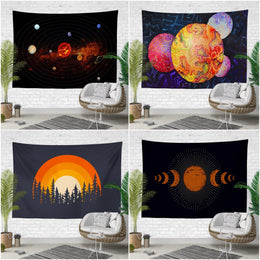 Sun and Orbiting Planets Wall Tapestry|Space Wall Hanging Art Decor|Phases of Moon Fabric Wall Art|Sun Set and Pine Tree Prints Wall Decor