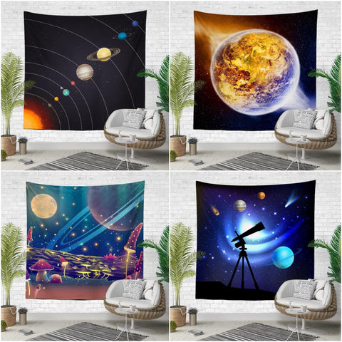 Solar System Wall Tapestry|Sun and Planets Wall Hanging Art Decor|Planets and Orbits Fabric Wall Art|Telescope and Sky View Wall Tapestry