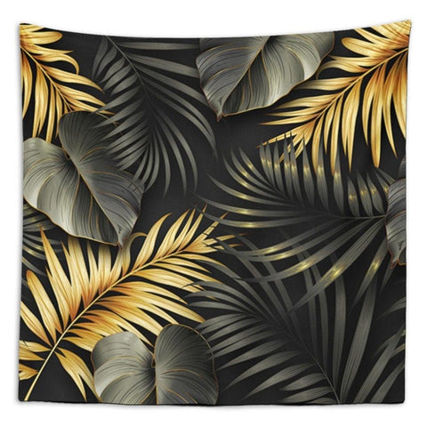Tropical Leaves Wall Tapestry|Green and Gold Leaves Wall Hanging Art Decor|Housewarming Square Fabric Wall Art|Decorative Floral Tapestry