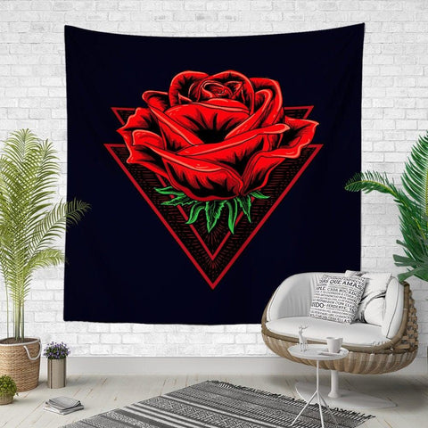 Floral Wall Tapestry|Red Rose Wall Hanging Art Decor|Housewarming Square Fabric Wall Art|Decorative Flowers Leaves and Birds Wall Tapestry