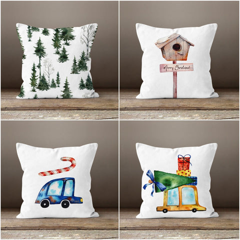 Christmas Pillow Cover|Pine Tree Cushion Case|Winter Trend Pillow Top|Bird Nest with Merry Christmas Throw Pillow|Blue and Yellow Car Pillow