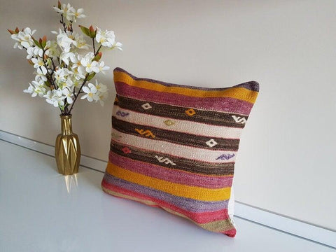 Vintage Kilim Pillow Cover|Turkish Kilim Pillow Cover|Antique Anatolian Throw Pillow Cover|Boho Bedding Decor|Handwoven Rug Cushion 16x16