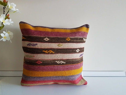 Vintage Kilim Pillow Cover|Turkish Kilim Pillow Cover|Antique Anatolian Throw Pillow Cover|Boho Bedding Decor|Handwoven Rug Cushion 16x16