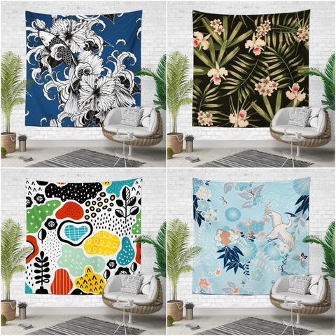 Floral Wall Tapestry|Flowers and Fish Wall Hanging Art Decor|Housewarming Square Fabric Wall Art|Decorative Flowers Leaves and Bird Tapestry