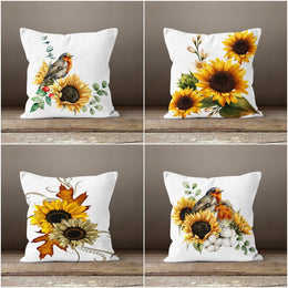 Sunflower Pillow Case|Floral Yellow and White Pillow Cover|Bird and Sunflower Cushion Case|Decorative Throw Pillow Sham|Summer Trend Decor