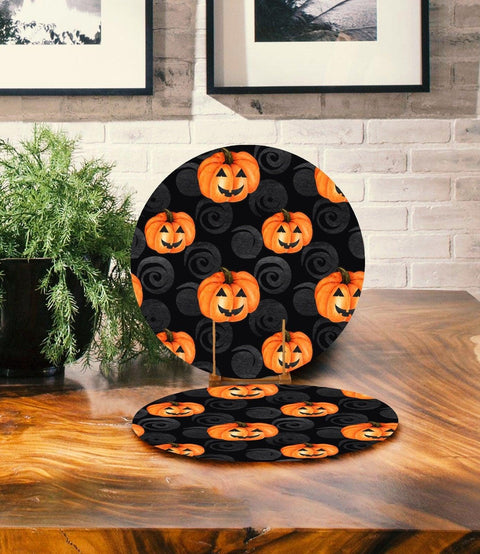 Set of 2 Halloween Placemat|Fall Trend Home Decor|Pumpkin Supla Table Mat|Carved Pumpkin Round American Service Dining Underplate, Coasters