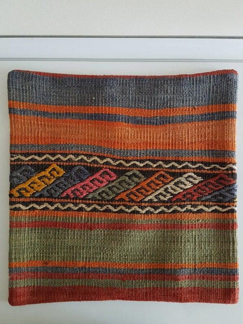 Vintage Kilim Pillow Cover|Striped Turkish Kilim Pillow Cover|Traditional Antique Throw Pillow|Boho Bedding Decor|Handwoven Rug Pillow 16x16