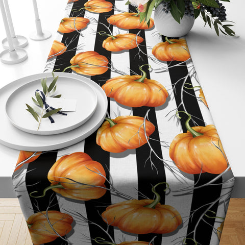 Fall Trend Table Runner|Orange White and Green Pumpkin Table Runner|Checkered Autumn Themed Home Decor|Farmhouse Style Striped Table Linen