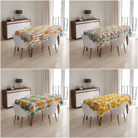 Fall Trend Tablecloth|Orange Green and Yellow Pumpkin Tabletop|Housewarming Striped Pumpkin and Dry Leaves Table Cover|Gray Pumpkin Tabletop