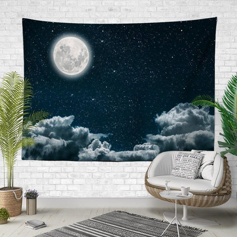 Clouds and Full Moon Wall Tapestry|Sky View Wall Hanging Art Decor|Housewarming Tree and Birds Fabric Wall Art|Celestial Tapestry Home Decor