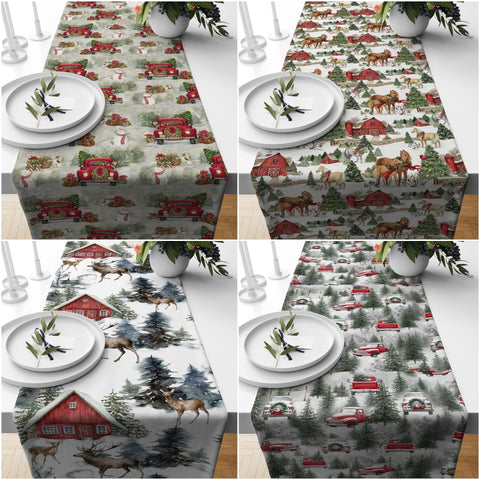 Winter Trend Table Runner|Snow, Red Truck, House and Pine Tree Table Decor|Snowman, Deer and Horse Print Table Runner|Christmas Home Decor