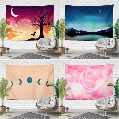 Moon and Sky Wall Tapestry with Girl on The Tree Swing - Akasia
