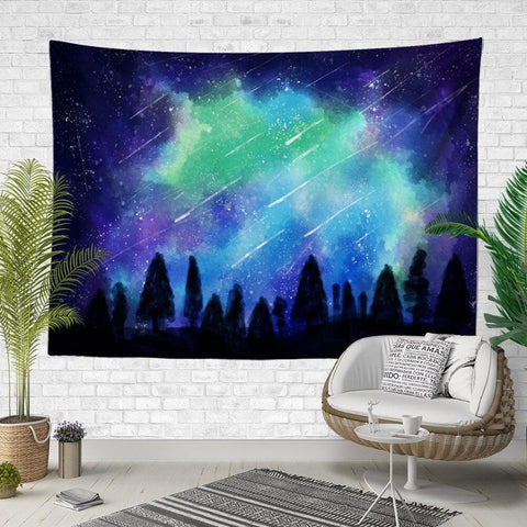 Sky View Wall Tapestry|Falling Stars Wall Hanging Art Decor|Blue, Green and Orange Celestial Fabric Wall Art|Sky and Jumping Men Wall Art