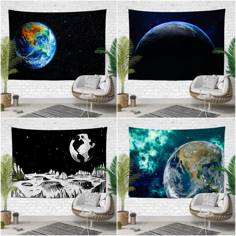 Earth View from Space Wall Tapestry|Cosmos Print Wall Hanging Art Decor|Turquoise Universe Fabric Wall Art|Earth and Stars Print Wall Decor