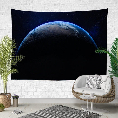Earth View from Space Wall Tapestry|Cosmos Print Wall Hanging Art Decor|Turquoise Universe Fabric Wall Art|Earth and Stars Print Wall Decor