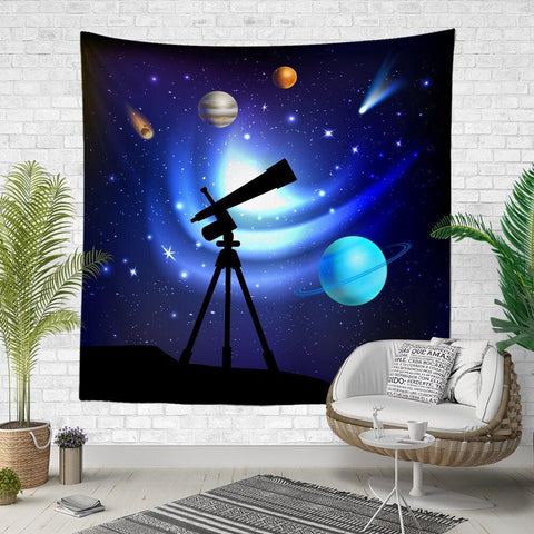 Solar System Wall Tapestry|Sun and Planets Wall Hanging Art Decor|Planets and Orbits Fabric Wall Art|Telescope and Sky View Wall Tapestry