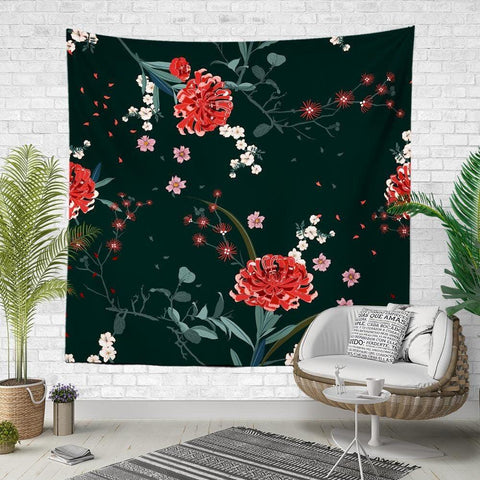 Floral Wall Tapestry|Red White and Purple Flowers Wall Hanging Art Decor|Housewarming Square Fabric Wall Art|Decorative Floral Wall Tapestry