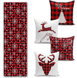 Set of 4 Christmas Pillow Covers and 1 Table Runner|Winter Trend Buffalo Check Merry Christmas Home Decor|Red Plaid Xmas Runner and Cushion