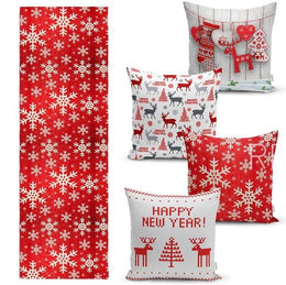 Set of 4 Christmas Pillow Covers and 1 Table Runner|Snowflake, Xmas Deer and Xmas Tree Home Decor|Merry Xmas Happy New Year Runner and Case