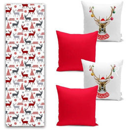 Set of 4 Christmas Pillow Covers and 1 Table Runner|Red White Gray Xmas Deer Home Decor|Buckhorn and Merry Christmas Print Runner, Cushion